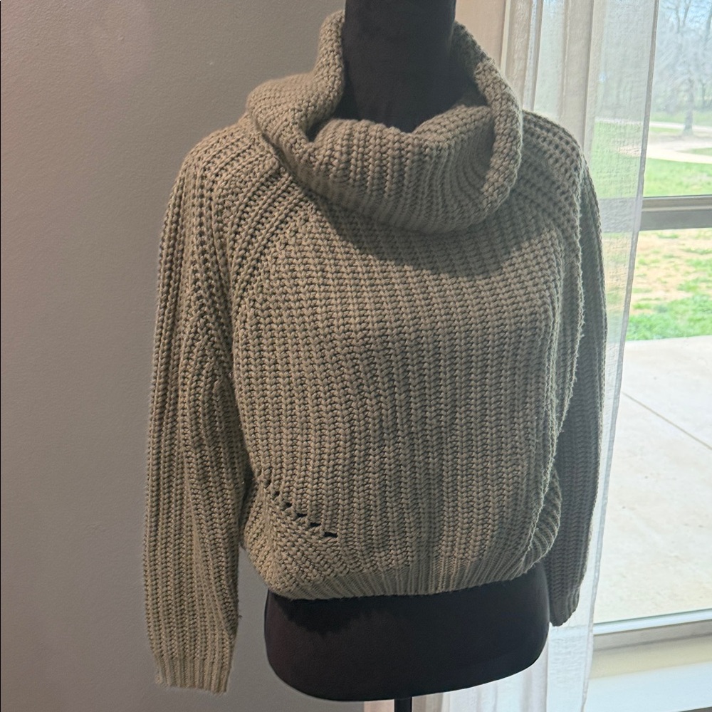 moon & madison Olive Cowl Neck Sweater Crochet Cable Ribbed Cropped Knit